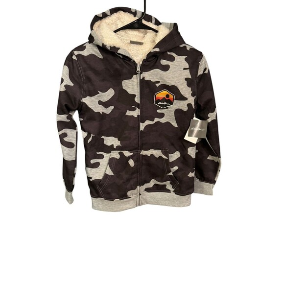 Eddie Bauer Gray Camo Faux Fur Zip down Hoodie Boys Size Medium 10/12 NWT - Picture 1 of 7
